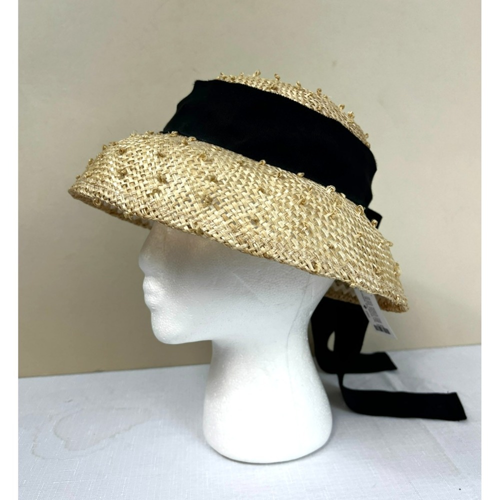 Celina Kane Hat Make Woven Summer Straw Hat W/ Black Grosgrain Ribbon Trim
